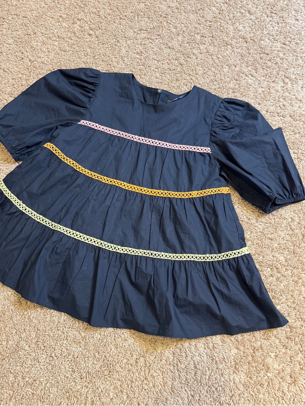 English Factory Navy Puff Short Sleeve Top with Pastel Trim Size S